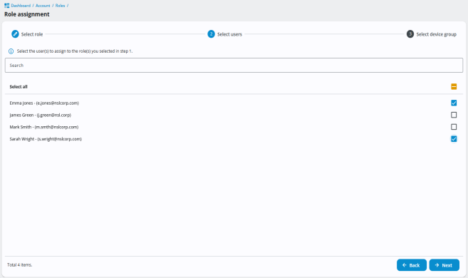 Role assignment wizard, showing step 2: Select users. A search bar is available to filter users. Four users are listed with their names and email addresses. Checkboxes are shown next to each name. At the bottom right are Back and Next navigation buttons. Steps 1 (Select role) and 3 (Select device group) are also visible in the progress indicator.